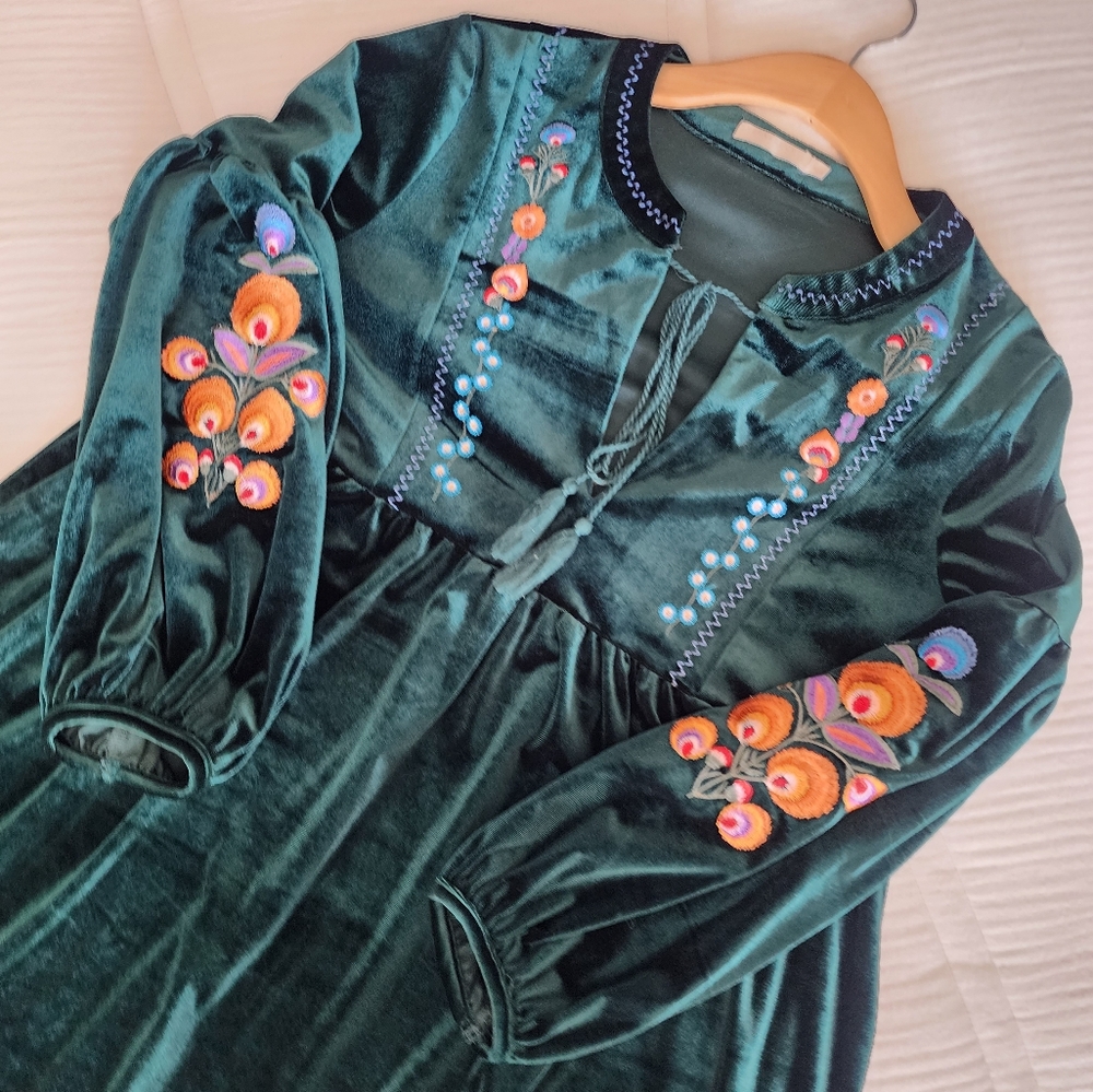 Embroidered Green Velvet Dress